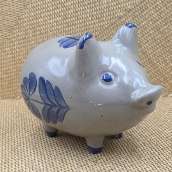 BBP Salt Glazed Pottery Pig Piggy Bank Blue Beaumont Brothers Crooksville OH - Picture 1 of 11